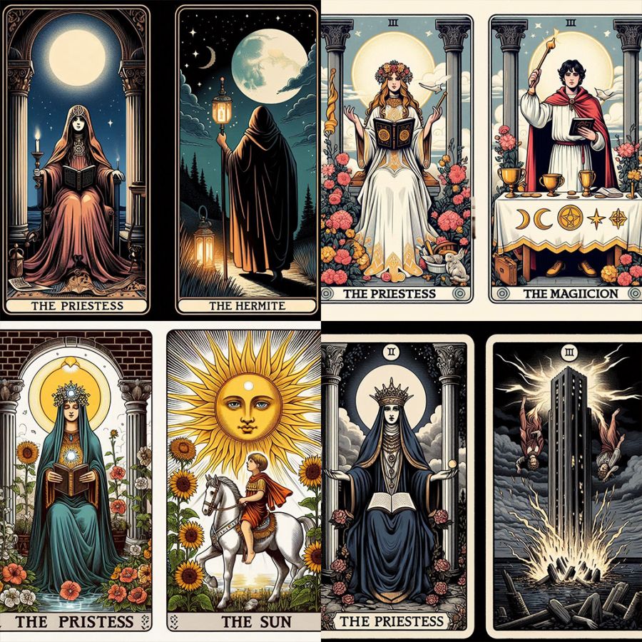 La sacerdotisa junto a otras cartas del tarot